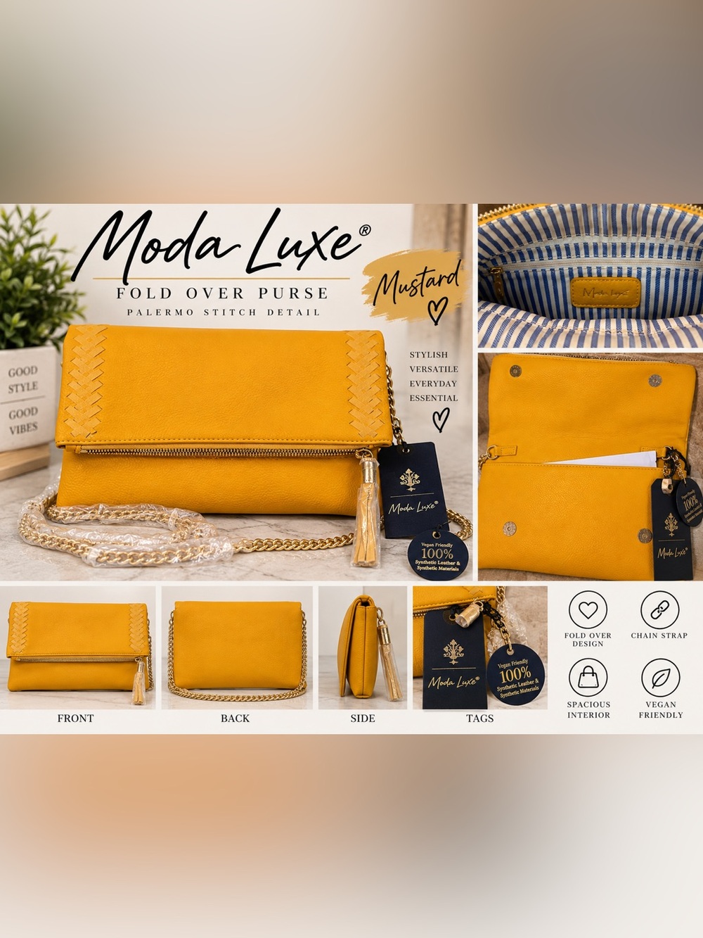 Moda Luxe Mustard Yellow Fold-Over Crossbody with Tassel & Chain
